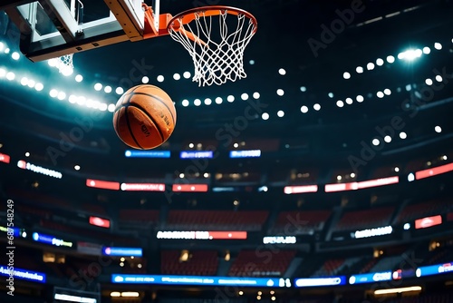 A big sports arena with a brightly lit basketball backboard. Focus on the rim and net