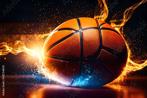 Abstract sports background with a blazing basketball reflecting in bright lights, as well as flares © Stone Shoaib