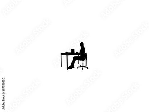 Woman sitting at desk Silhouette isolated on white background