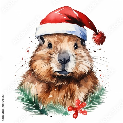 Generative AI, cute beaver animal, pet in Christmas hat and ugly sweaters, watercolor style. photo