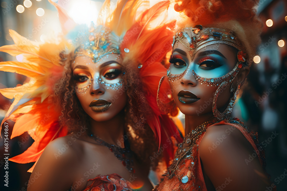 Beautiful closeup portrait of two young womans in traditional Samba Dance outfit and makeup for the brazilian carnival. Rio De Janeiro festival in Brazil.