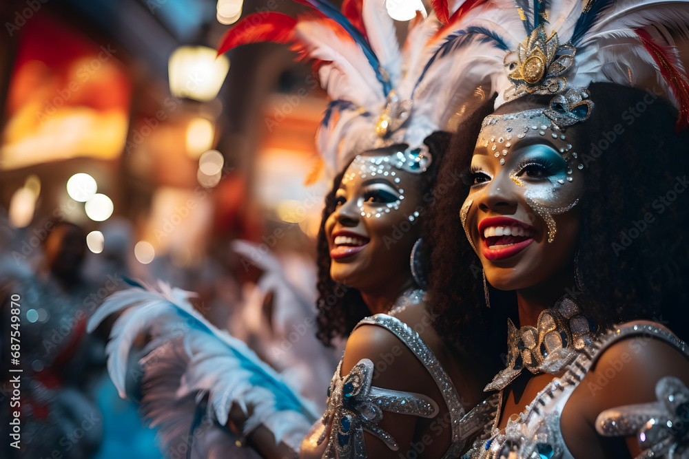 Beautiful closeup portrait of two young womans in traditional Samba ...