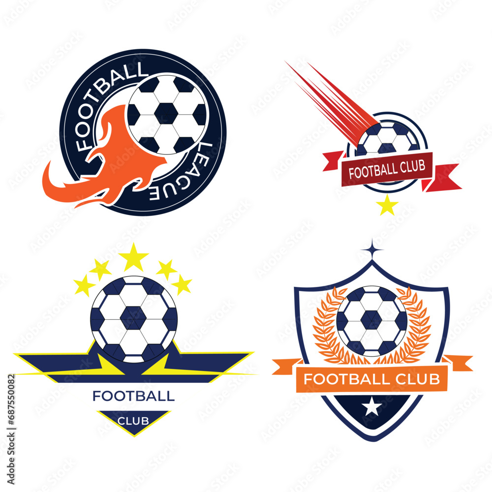 Naklejka premium Football sport club badge and soccer game competition symbol set. Soccer ball with winner cup or champion trophy on heraldic shield with flame, laurel wreath, winged boots and star for football