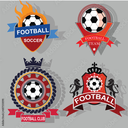 Soccer club badges or football championship cup icons set. Vector soccer ball goal victory laurel wreath or stars on heraldic crown shield for college soccer league team college league