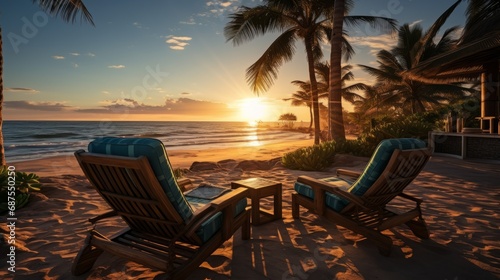 Sunset at a beach adorned with palm trees parasols © ProVector