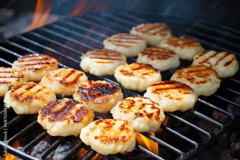 Grill mochi. Traditional grilled round rice cakes. snack. Korean cuisine. Japanese rice Thai snack. Street food asia.
