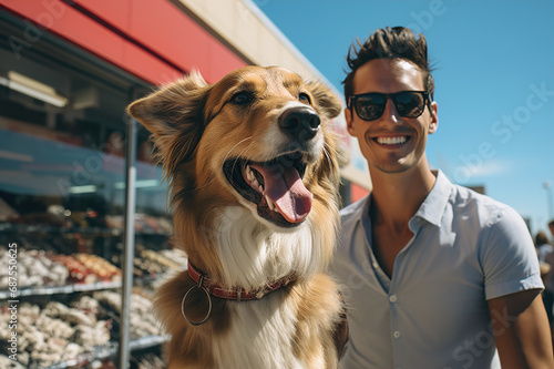 A man standing next to a dog in front of pet food store.