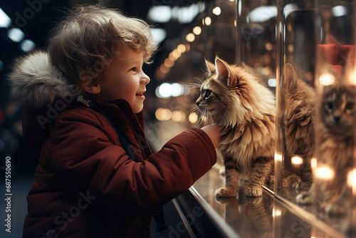 A little girl looking at a display with cats in pet store. © Degimages