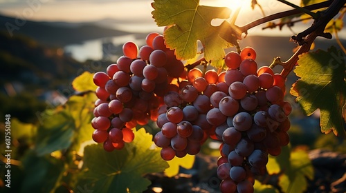 Grapes growing in a vineyard during sunset