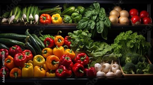 Fruits and vegetables displayed on refrigerated shel photo