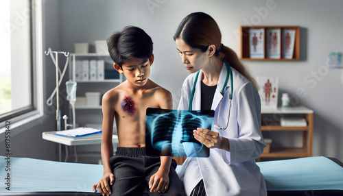 A young boy with a chest injury at the doctors office. The doctor inspecting the chest x ray in the background