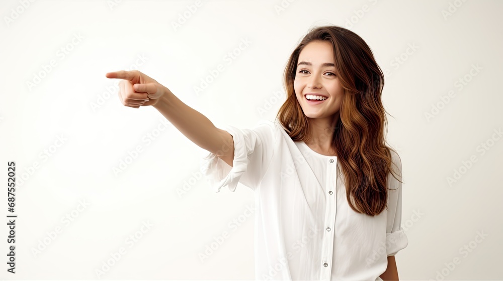 beautiful young girl pointing at something, beautiful young girl pointing at something,