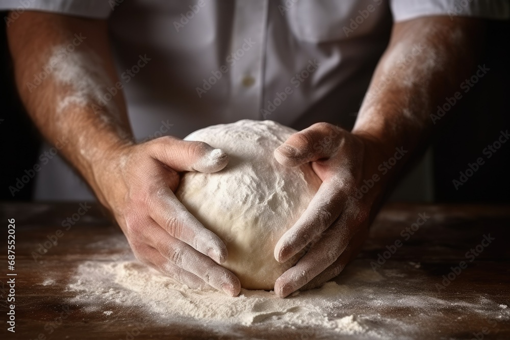 Man kneading pizza dough . Close-up of hands and dough.