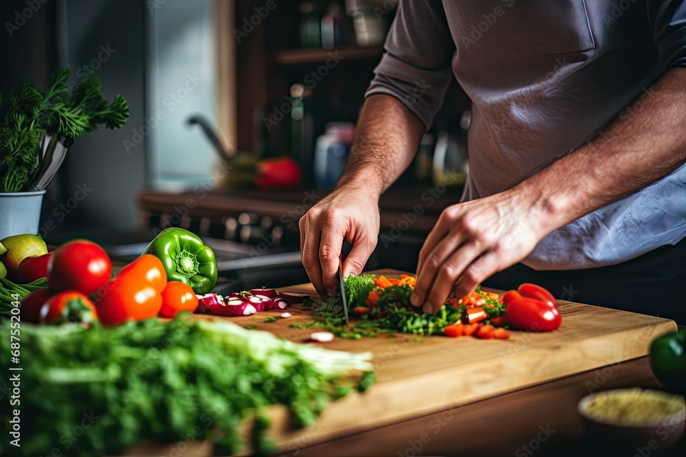 Man cutting vegetables on cutting board in kitchen.