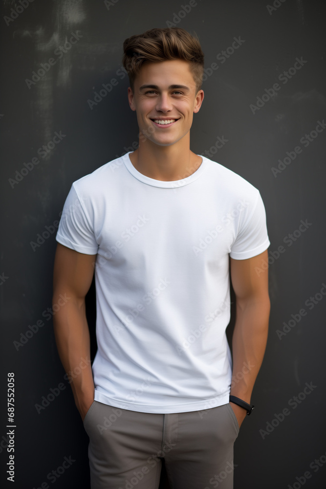 Portrait of a young man standing a front of a gray wall with hands in pockets and smiling at the camera. Portrait of a young man standing a front of a gray wall with hands in pockets and smiling at the camera.