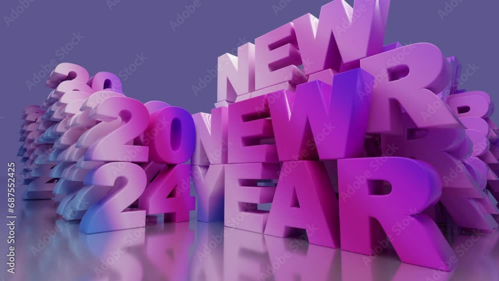 Looped 3D animation of New Year 2024 text in color gradient style. New Year 2024 Looped 3D animation of New Year 2024 text in color gradient style. New Year 2024