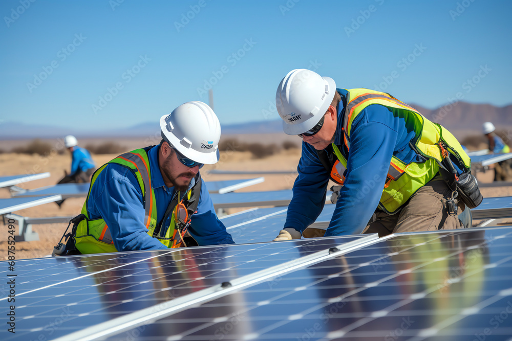 Techniker, die an Solartechnologie arbeiten Techniker, die an Solartechnologie arbeiten