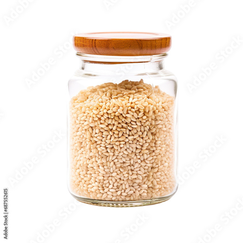 front view of Sesame Seeds  in a jar isolated on a white transparent background 