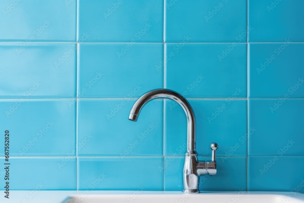 Faucet and sink blue background, closeup white tiles. Lack of water, shutdown. water supply. Stylish kitchen renovation. Order. Sink Faucet and sink blue background, closeup white tiles. Lack of water, shutdown. water supply. Stylish kitchen renovation. Order. Sink