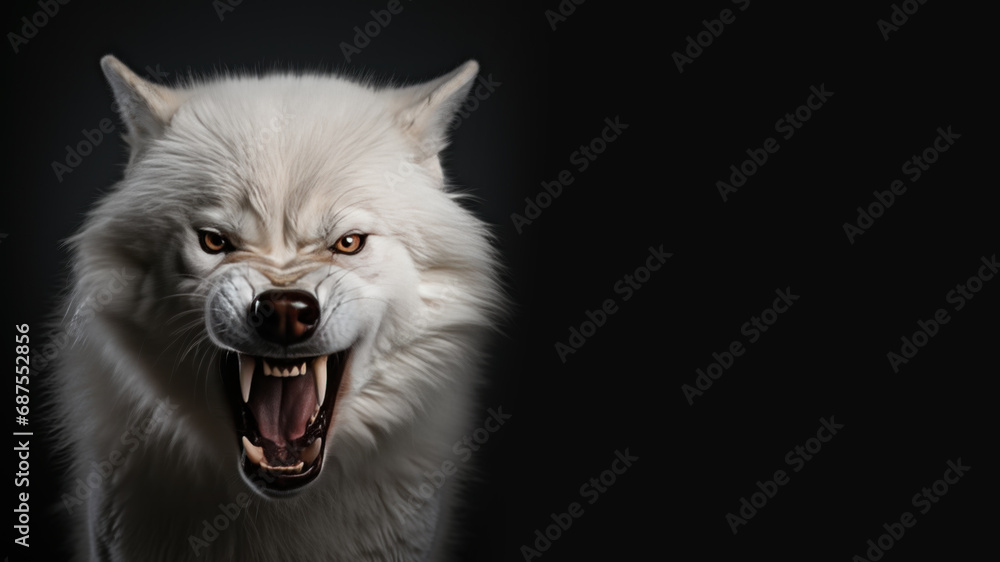 Angry white wolf roaring ready to attack isolated on gray background Angry white wolf roaring ready to attack isolated on gray background