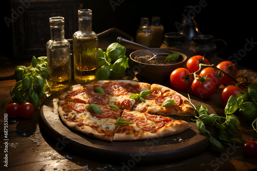 Close up pizza Margarita on wooden cutting board with spice
