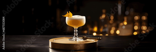 Cozy Bar Moment: Savoring a Whiskey Sour Cocktail with Ice and Lemon on a Relaxing Afternoon. panoranic photo
