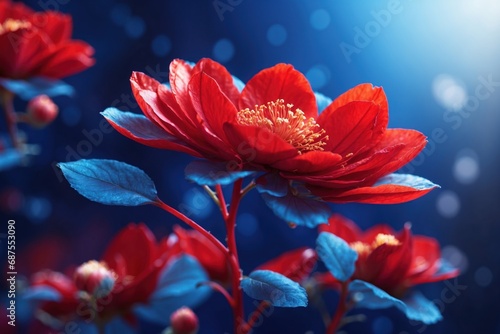 A blue backdrop showcases a red blossom with two layers of petals. ai generative