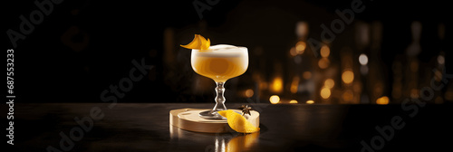 Whiskey Sour Bliss panoranic shoot. Indulging in a Refreshing Whiskey Sour Cocktail, Complete with Ice and Lemon, on a Cozy Afternoon.
