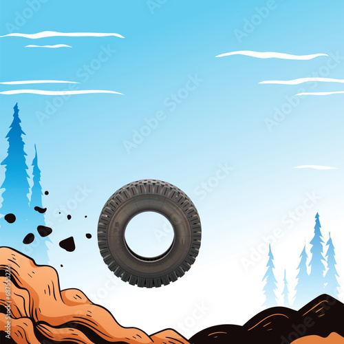 Tire Rolling Down Mountain, tire, rolling, mountain, vector, resource, transportation, wheel, rubber, downhill, motion, speed, adventure, outdoor, extreme, sport, action, activity, nature, landscape, 