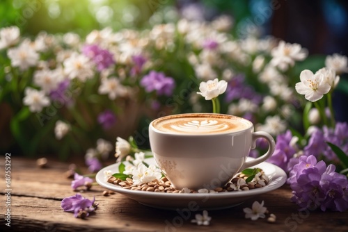 Beautiful Cappuccino on a Wooden Table with Spring Flowers. ai generative