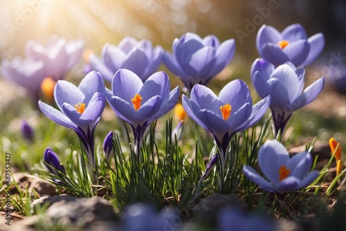 Blue crocus flowers in a serene spring meadow with sunlit abstract backdrop. ai generative photo