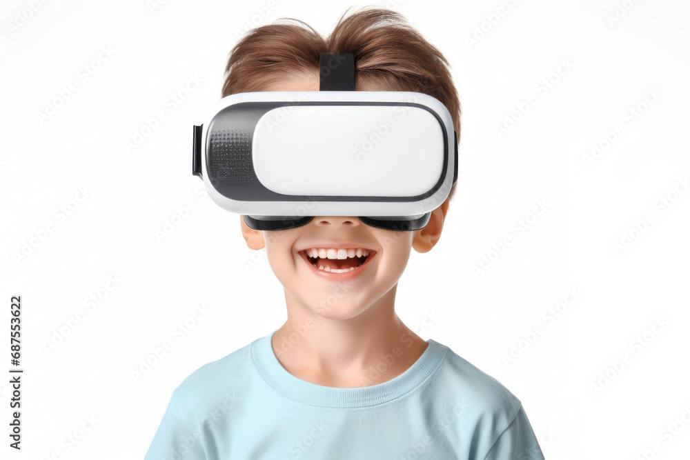 Happy kid with VR glasses on his head wearing light blue t-shirt isolated on white background. ai generative Happy kid with VR glasses on his head wearing light blue t-shirt isolated on white background. ai generative