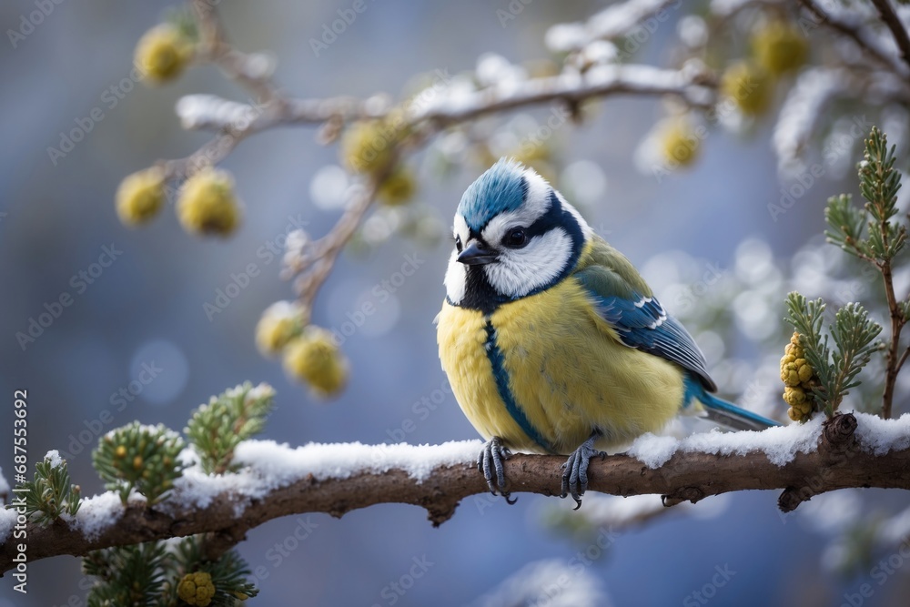 Fototapeta premium In winter branches there is a perched Cyanistes caeruleus commonly known as a blue tit. ai generative