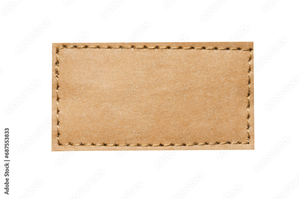 Brown leather belt strap closeup isolated on white. Brown stitched leather seam frame label tag isolated on white. Empty copy space fashion background. Brown leather belt strap closeup isolated on white. Brown stitched leather seam frame label tag isolated on white. Empty copy space fashion background.