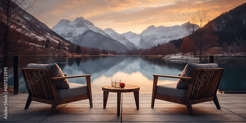 A chair on a deck overlooking a lake with a mountain in the background, modern and comfortable home outdoor relaxation area or restaurant seating area with terrace ,Living room generative ai 