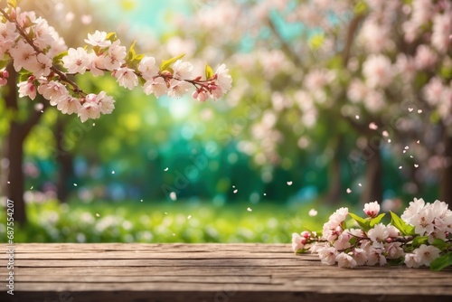 spring time background with wooden planks in the garden, blossoms on a table in a beautiful green garden. ai generative