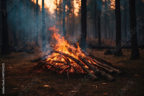 The fire spread through the forest burning the grass and dry leaves on the ground. ai generative