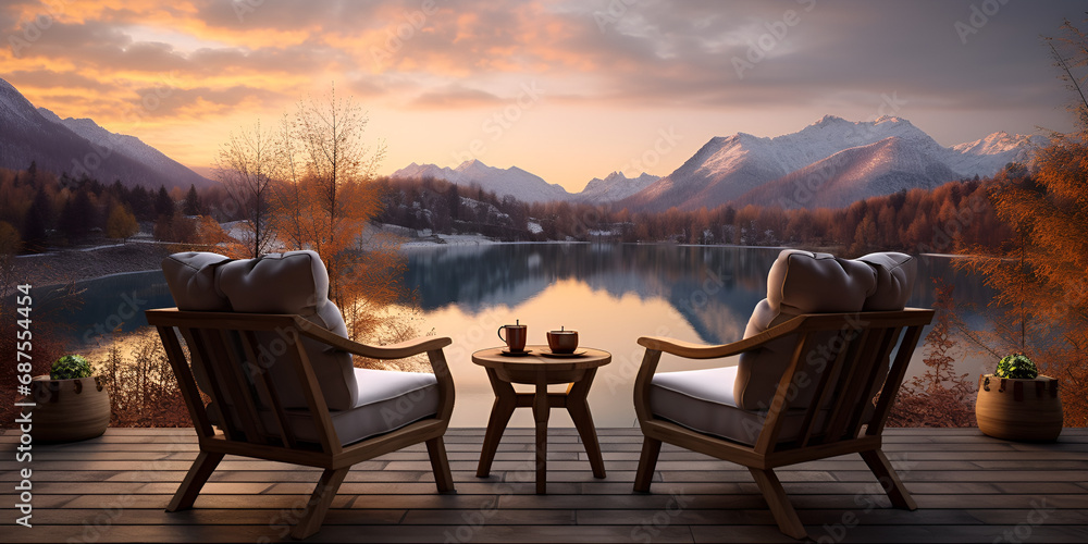 sunset in the mountains ,Cozy Autumn Morning Ambience by the Lake with Falling Leaves, Bonfire, Crickets & Relaxing Fall Rain ,