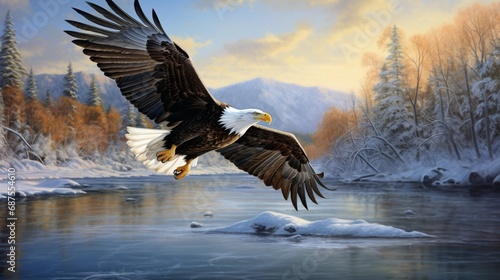 A regal bald eagle soaring above a pristine snowy river, its powerful wings spread wide against the cold winter sky.