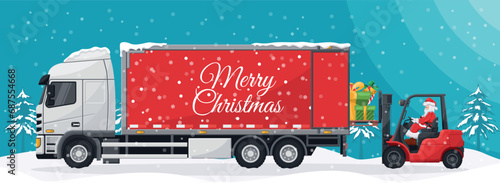 Santa Claus driving a forklift. Loading gifts to container truck. Christmas landscape. Christmas campaign for cargo logistics and shipping of high demand merchandise for the Christmas season