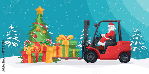 Santa Claus driving a forklift loading gifts on a snowy Christmas winter night. Christmas campaign for cargo logistics and shipping of high demand merchandise for the Christmas season