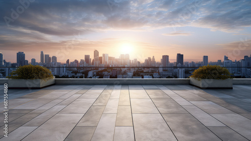 Empty floor tiles foreground and distant city sunset scenery © evening_tao