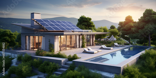 Modern detached house in the countryside,Minimalist home with solar panels ,Modern house with solar panels on the roof clean energy concept generative ai

