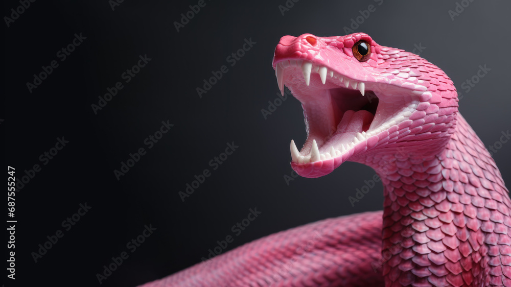 Fototapeta premium Pink snake open mouth ready to attack isolated on gray background