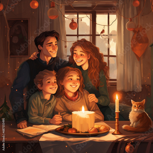 happy family with red and dark hair, light skin and cat, celebrating winter holidays, cartoon style. Christmas decorations and paraphernalia all around. New Year, Christmas.