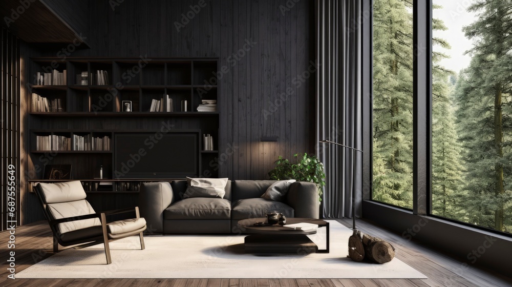 Fototapeta premium Generative AI: Scandinavian Minimalism: Elegant Black Matte and Wood Interior, Bright Spaces with Modern Aesthetics, Cozy Furnishings, and Serene Ambiance
