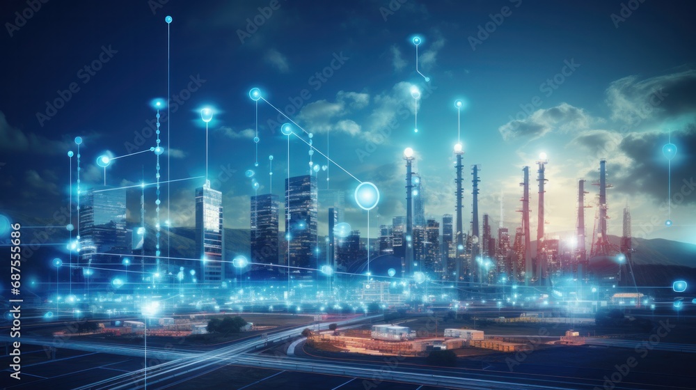 Fototapeta premium Modern factory, communication network. Telecommunication. IoT, Internet of Things, ICT, Information communication Technology,. Smart factory. Digital transformation, cloud connecting, generate by AI