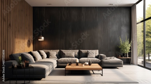 Generative AI: Scandinavian Minimalism: Elegant Black Matte and Wood Interior, Bright Spaces with Modern Aesthetics, Cozy Furnishings, and Serene Ambiance