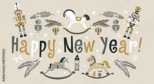 Happy New Year Nutcrackers Vector banner on Light Background. Postcard. Childish rocking horses. Christmas illustration.
