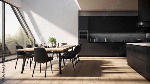 Generative AI: Scandinavian Minimalism: Elegant Black Matte and Wood Interior, Bright Spaces with Modern Aesthetics, Cozy Furnishings, and Serene Ambiance